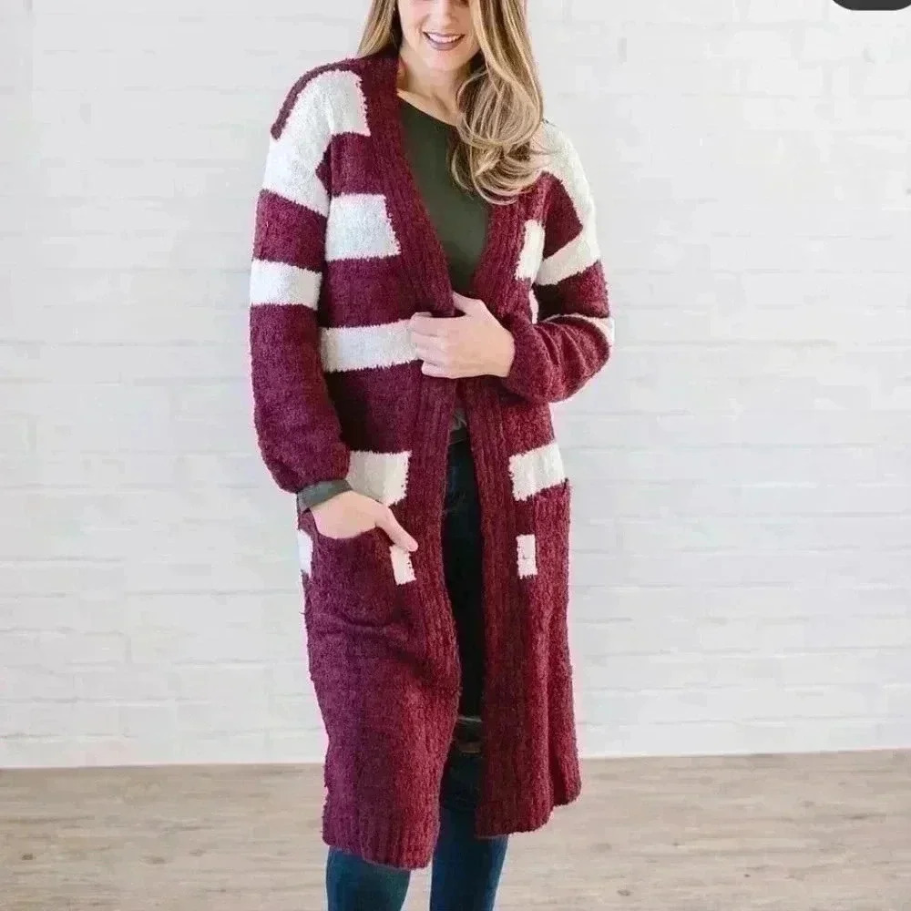 SWEATER BURGUNDY AND CREAM STRIPED CARDIGAN